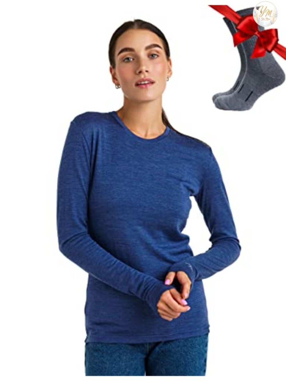 100% Merino Wool Long Sleeve Thermal Shirt with Socks Women Base Layer